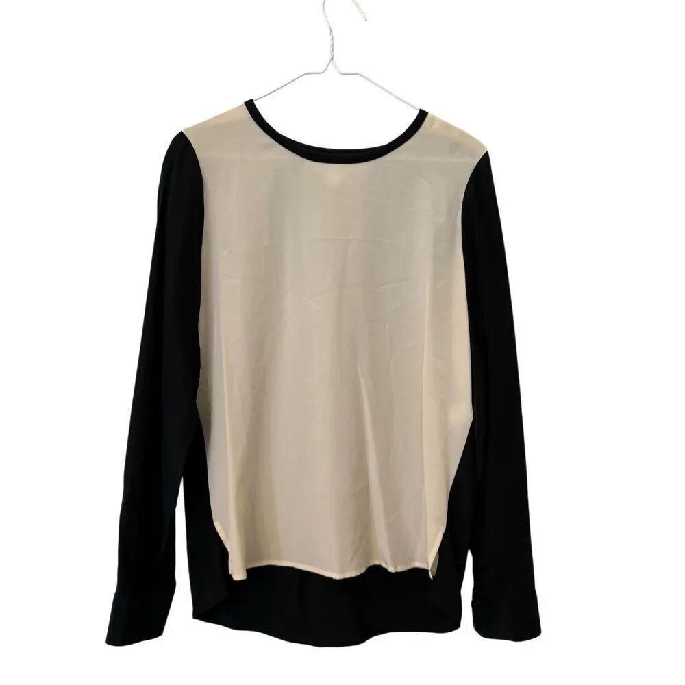 Diane Von Furstenberg Colorblock Silk Long Sleeve Blouse Black Beige Size 8